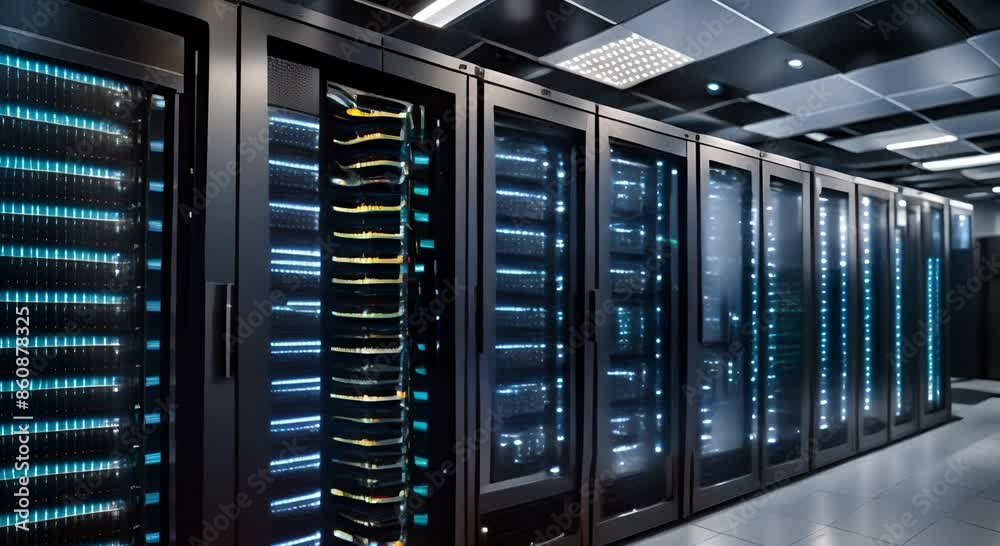 Server room in telecommunications data center. Big data storage and cloud hosting technology Server room in telecommunications data center. Big data storage and cloud hosting technology