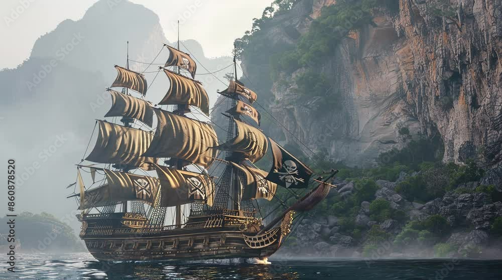 Galleon sailing on the ocean by cliff forest
 Seamless looping 4k time-lapse virtual video animation background. Generated AI