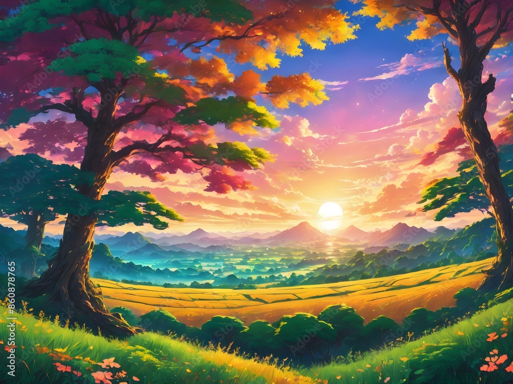 Fototapeta premium Beautiful natural scenery when the sun sets there are trees and mountains that are very beautiful