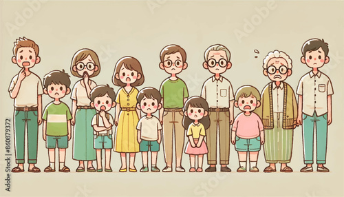 困った顔の家族のイラスト - 世代を超えた家族の表情