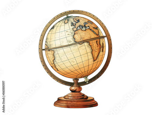 A vintage globe with a wooden stand, showing the continents and oceans of the world.