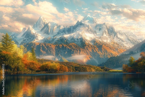 Snowy mountains, forests, and lakes, with reflections on the water surface