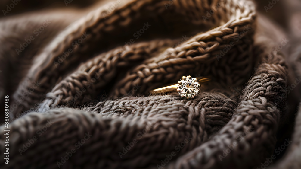 Obraz premium Close up of elegant diamond ring on woman finger with dark brown scarf background soft and selective focusLove and wedding concept : Generative AI