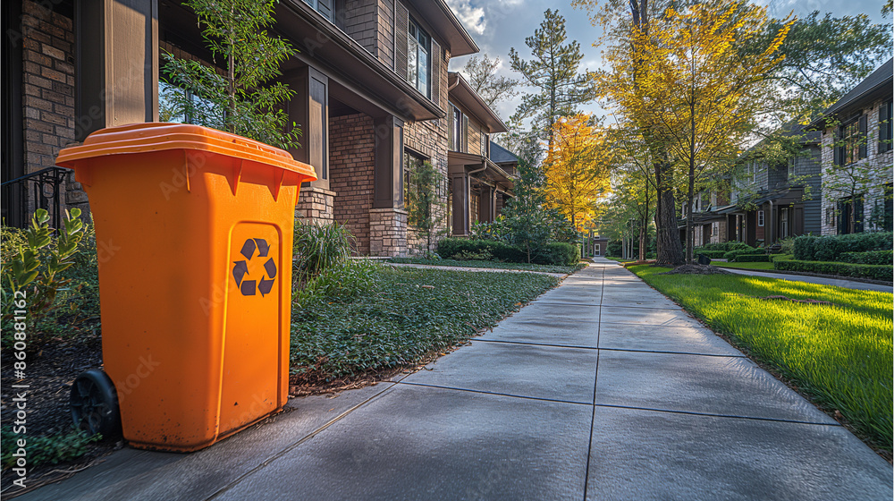 Orange recycle bin in the front yard of a house. realistic photo with text place Orange recycle bin in the front yard of a house. realistic photo with text place