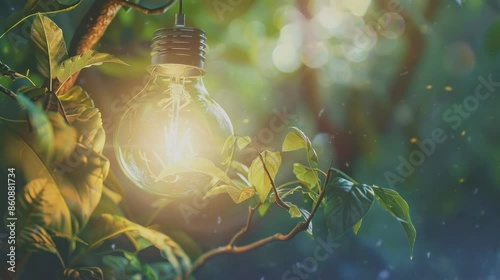 Energy-saving bulb glowing with a forest bokeh background, perfect for text placement.