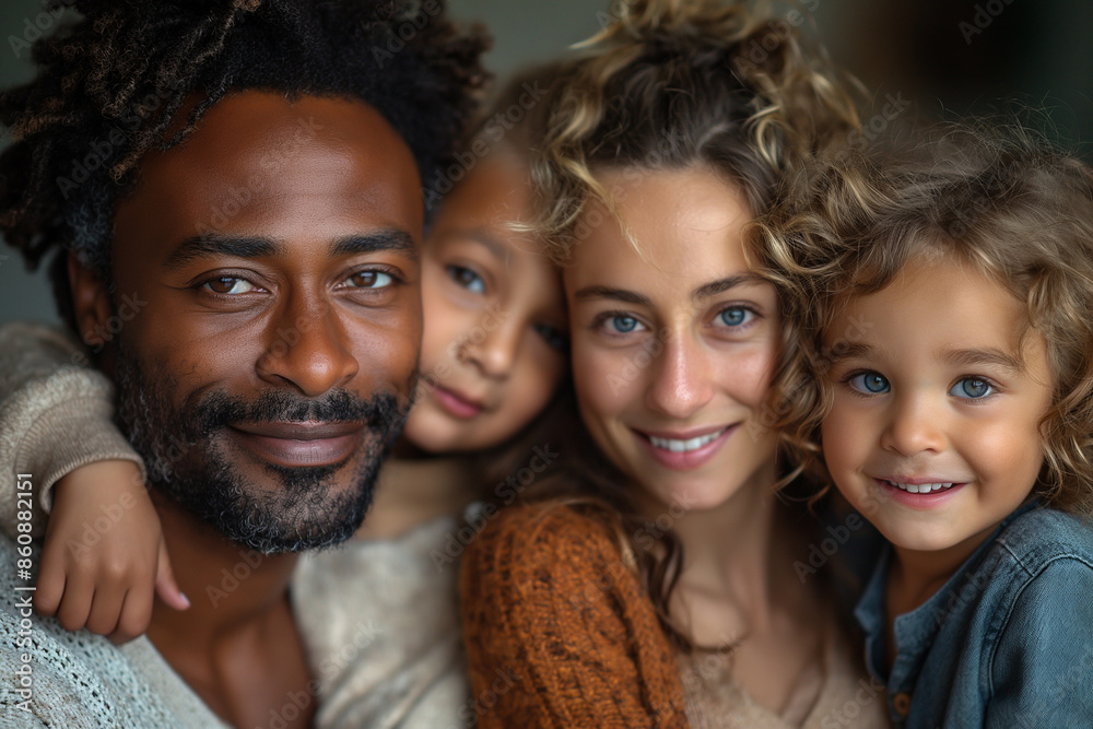 A family of four, including a man and three children, are smiling A family of four, including a man and three children, are smiling