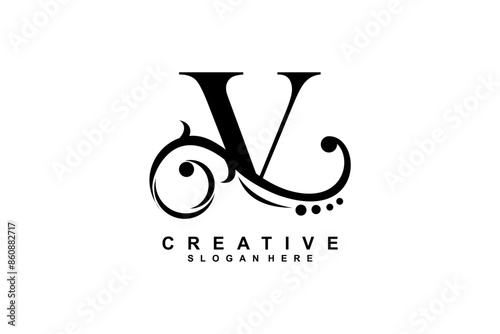 V letter logo with luxury black floral ornament. V monogram logo, V typography. suitable for business logos, companies, beauty, fashion, boutiques, etc