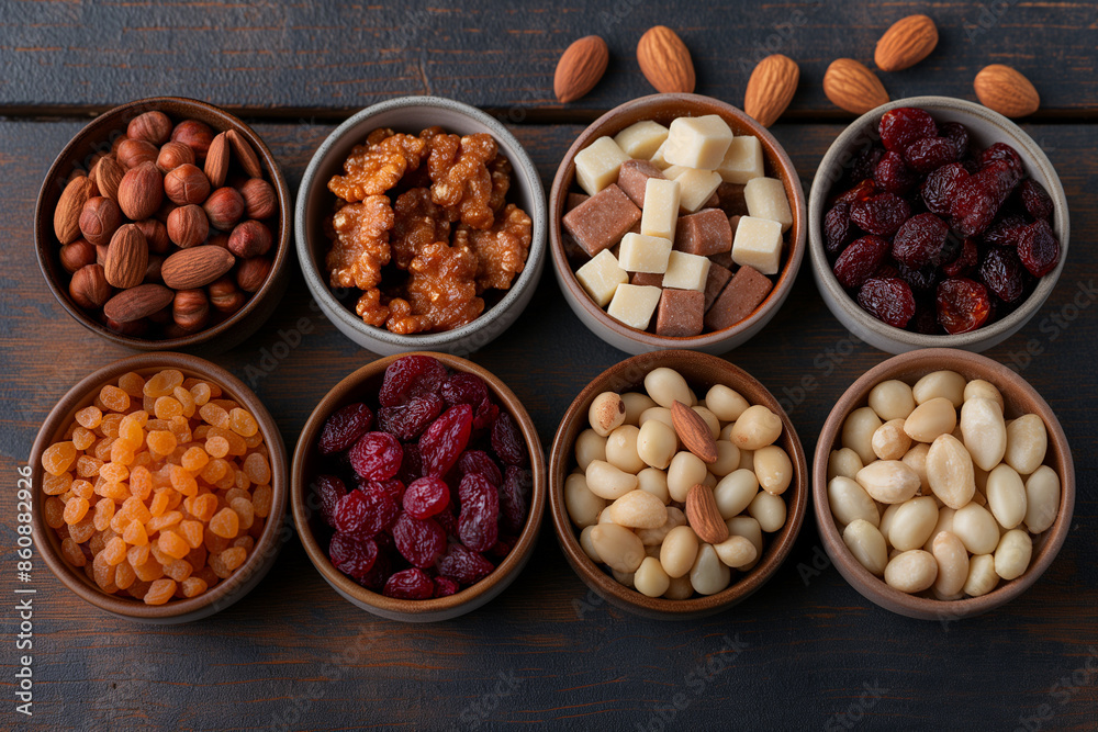 A variety of nuts and dried fruit are displayed in bowls on a wooden table