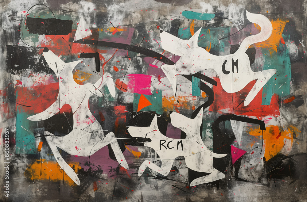 Fototapeta premium Abstract Art of White Dogs on Colorful Background with Geometric Shapes