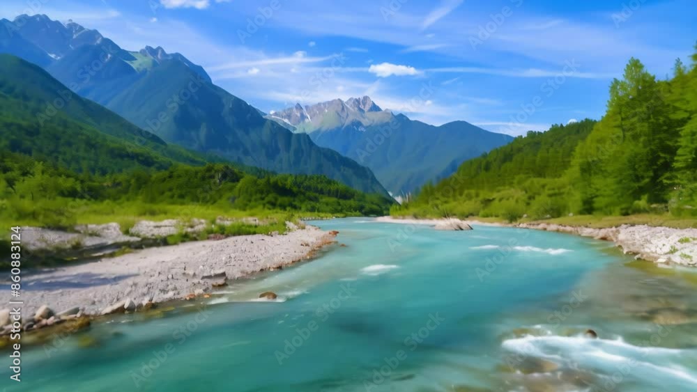 Turquoise river winds through lush green valley. Towering mountains frame scene, their peaks reaching into wispy clouds. Sunlight bathes landscape, highlighting vibrant colors. Turquoise river winds through lush green valley. Towering mountains frame scene, their peaks reaching into wispy clouds. Sunlight bathes landscape, highlighting vibrant colors.