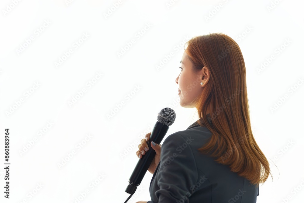 Businesswoman Holding a Microphone and Looking to the Side Businesswoman Holding a Microphone and Looking to the Side