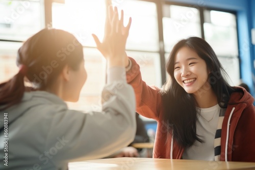 Asian teenage student giving a high five to a frend conversation adult togetherness. photo