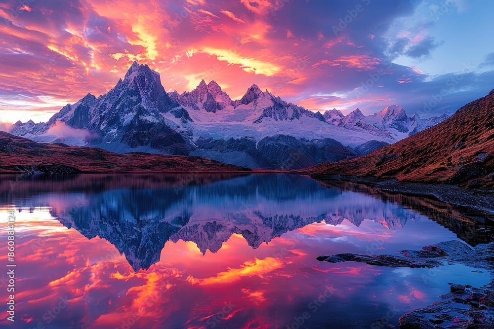 Obraz premium In the evening, the red sunset shines on the snow capped mountains and the reflection on the lake surface