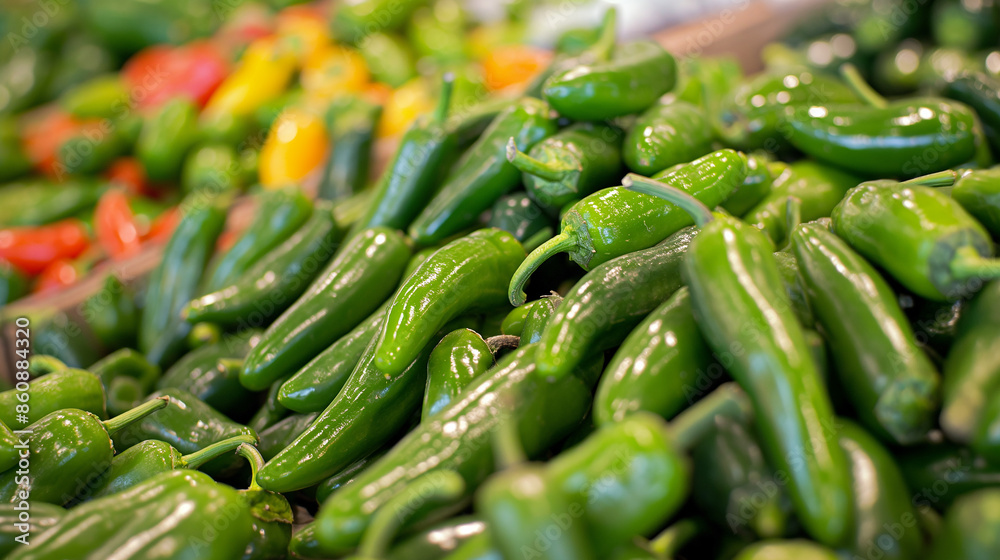 Fresh green poblano peppers filling up produce display at local farmers market Fresh green poblano peppers filling up produce display at local farmers market