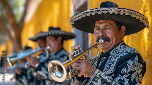 Mariachi band playing trumpets wearing traditional clothes photo