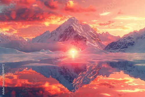 In the evening, the red sunset shines on the snow capped mountains and the reflection on the lake surface