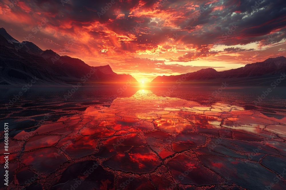 Fototapeta premium In the evening, the red sunset shines on the snow capped mountains and the reflection on the lake surface