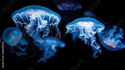 A group of translucent jellyfish floating elegantly in the dark, illuminated by bioluminescence. © Photos Hub
