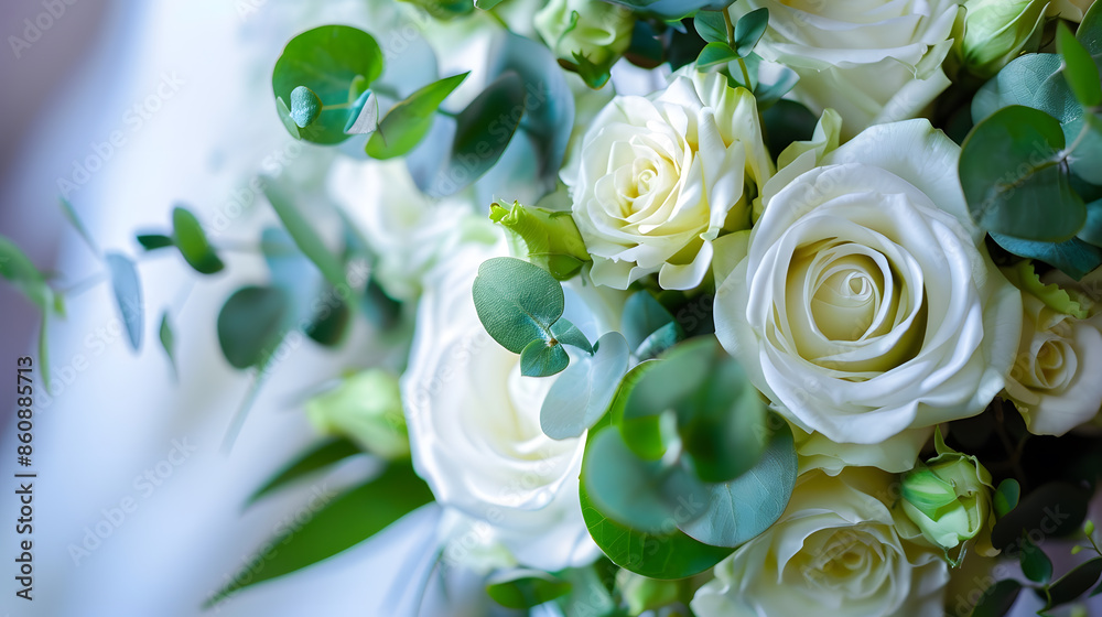 Obraz premium Details of the wedding morning Wedding bouquet Brides bouquet of rose flowers white eustoma and green eucalyptus selective focus : Generative AI