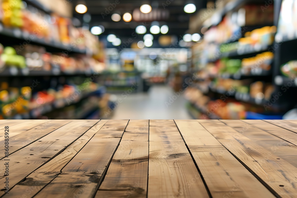Top view of glossy wooden table with supermarket grocery store blurred background. Top view of glossy wooden table with supermarket grocery store blurred background.
