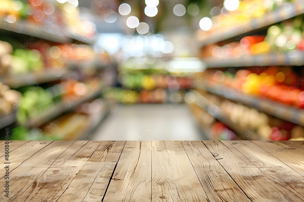 Top view of glossy wooden table with supermarket grocery store blurred background. Top view of glossy wooden table with supermarket grocery store blurred background.
