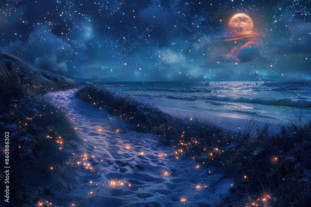 Full moon, illuminated by seaside beach lights Full moon, illuminated by seaside beach lights