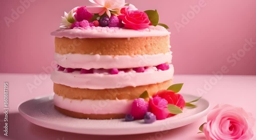 Wallpaper Mural Sponge cake with flowers on a plate on a pink background Torontodigital.ca