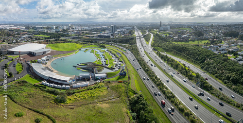 Traffic on State highway 1 motorway and the district of Manukau, Auckland, New Zealand. photo