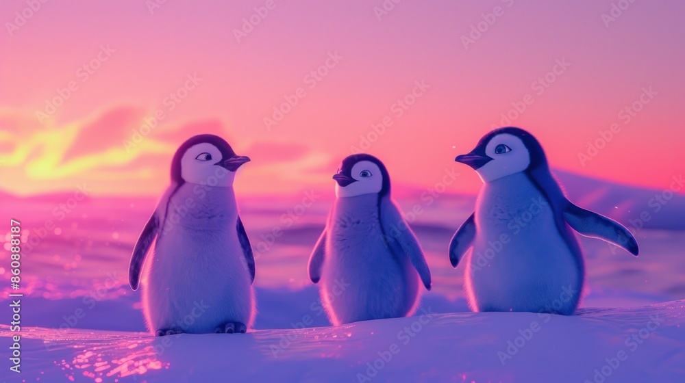 Naklejka premium Three penguins standing on a snowy beach. Generate AI image