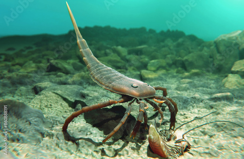 Kokomopterus Eurypterid  On A Seafloor Scavenging a Dead Trilobite