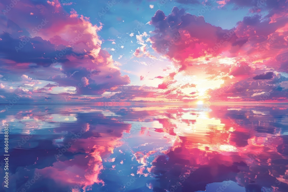 At sunset, red sunset and reflection on the lake surface At sunset, red sunset and reflection on the lake surface