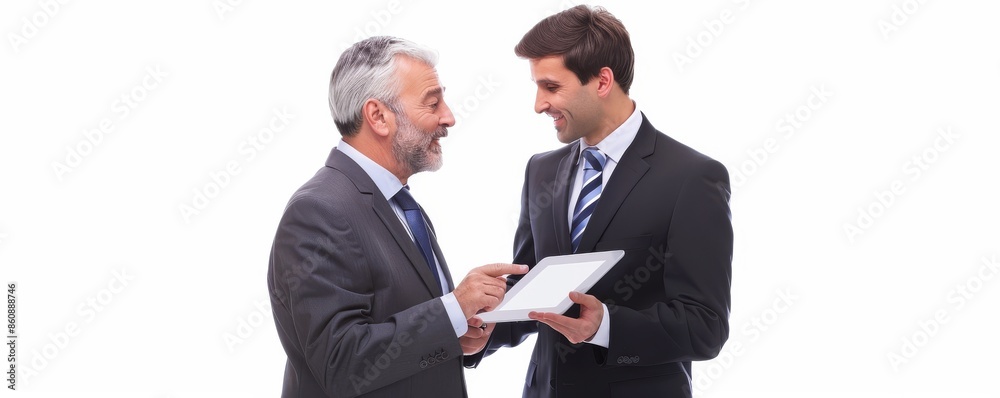 Businessmen discussing work on tablet Businessmen discussing work on tablet