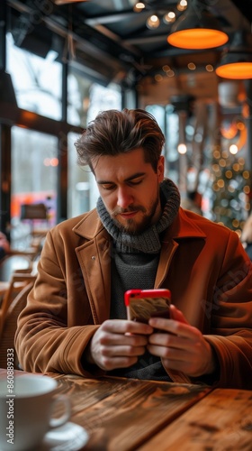 Mockup of man using smartphone in cafe