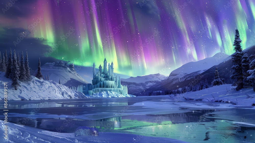 Obraz premium A snowy landscape with an ice palace, aurora borealis shimmering in the sky above, and a frozen lake reflecting the colorful lights.