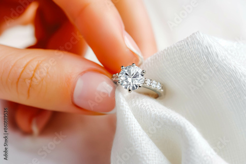Woman polishing beautiful ring with napkin on white background, closeup