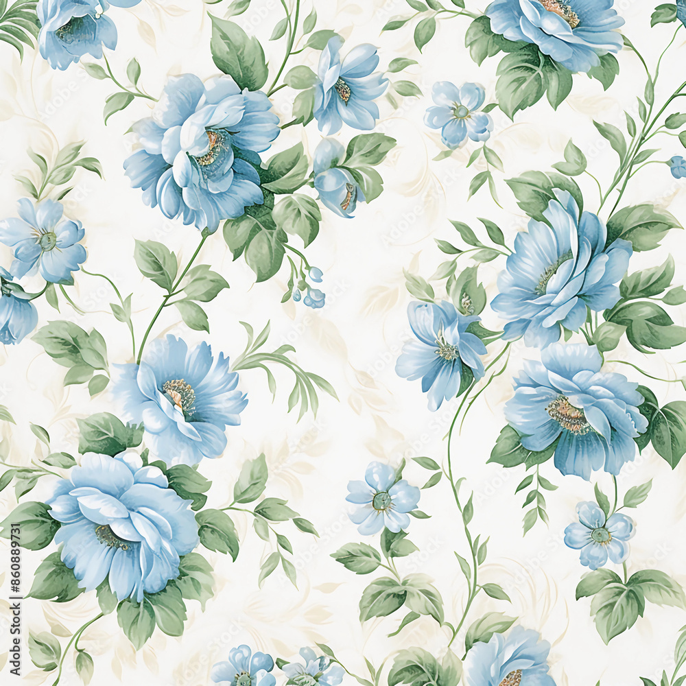 Blue and green floral pattern on white background, vintage wallpaper with large blue flowers and small leaves Blue and green floral pattern on white background, vintage wallpaper with large blue flowers and small leaves