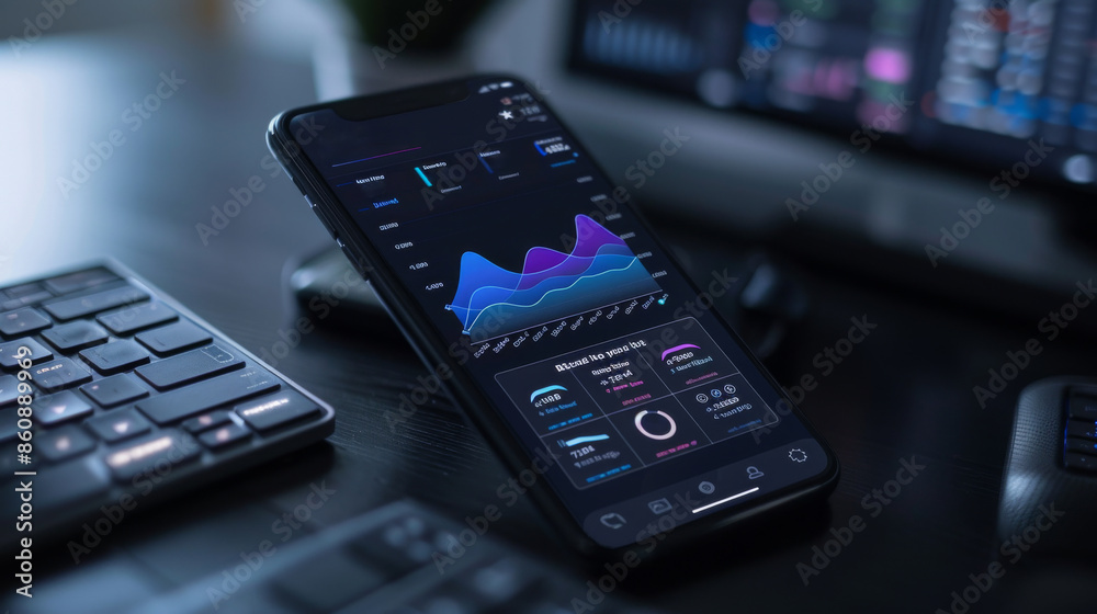 Obraz premium Smartphone Displaying Analytics and Data on Desk