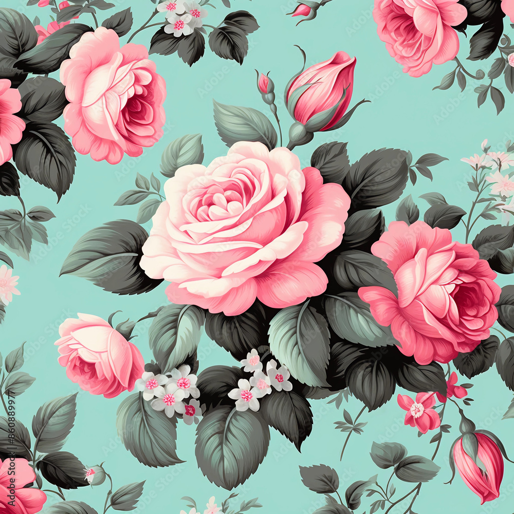 Roses and pink floral seamless pattern on a turquoise background Roses and pink floral seamless pattern on a turquoise background