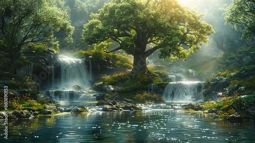 Divine Creation: Eden's Serene Garden and Divine Tree