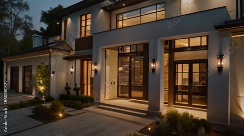 street in the evening and luxury modern houses front view in the night glass window and doors of suburban houses