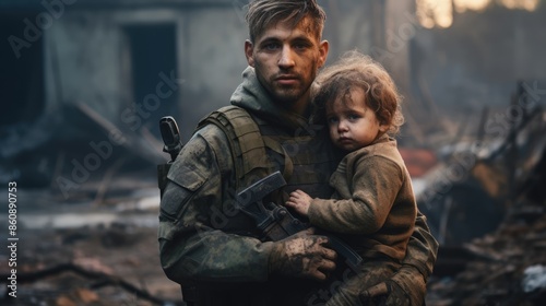 Brave Soldier Rescuing Distressed Child in Devastated Village Amidst Chaos