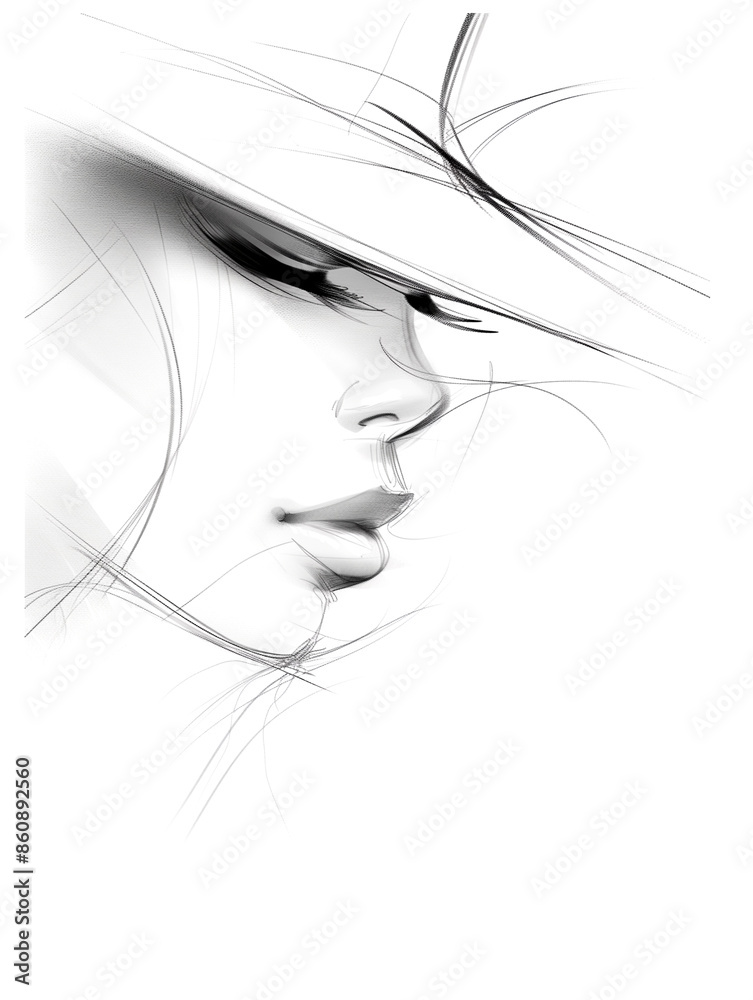 A woman's face is drawn in black and white with a hat on her head. The hat is tilted to the side, and the woman's lips are slightly parted. Scene is elegant and sophisticated