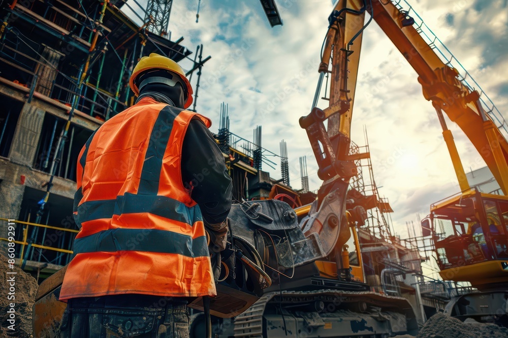 industrial worker in highvisibility gear operating heavy machinery in a bustling construction site dynamic composition showcases strength and skill amidst a backdrop of scaffolding and cranes industrial worker in highvisibility gear operating heavy machinery in a bustling construction site dynamic composition showcases strength and skill amidst a backdrop of scaffolding and cranes