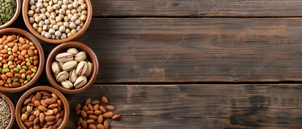 Assorted Nuts and Seeds in Bowls on Rustic Wooden Table - Healthy Snack Variety Assorted Nuts and Seeds in Bowls on Rustic Wooden Table - Healthy Snack Variety