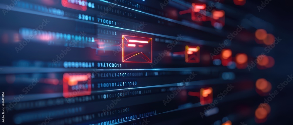 Futuristic Digital Email Interface with Glowing Icons and Data Streams in a High-Tech Environment Futuristic Digital Email Interface with Glowing Icons and Data Streams in a High-Tech Environment