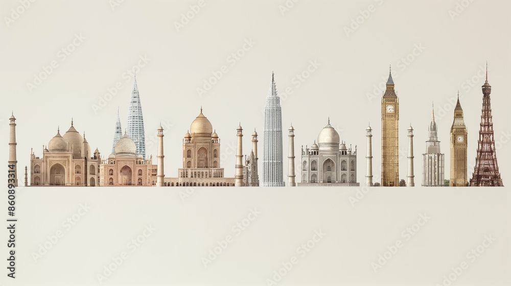 Obraz premium Minimalist illustrations of iconic landmarks from around the world arranged in rows. Shows the relative heights of those locations.
