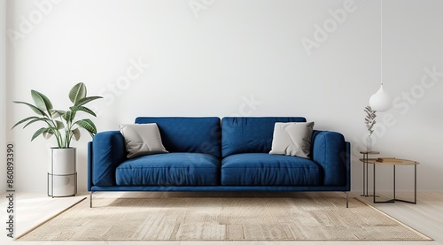 Modern Minimalistic Living Room with Blue Sofa and Beige Carpet Against White Wall, Contemporary Interior Design Concept