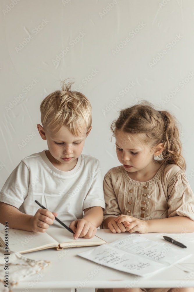 Back to School. Two little children, boy and girl, drawing with pencils at home. Back to School. Two little children, boy and girl, drawing with pencils at home.