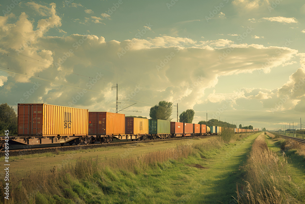 Freight Train on Snowy Track with Mountain Background Freight Train on Snowy Track with Mountain Background
