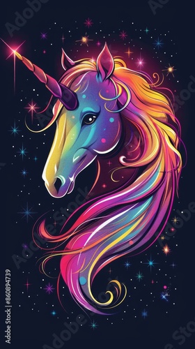 Mystical unicorn head with a flowing rainbow mane, surrounded by magical sparkles, Japanese animation style